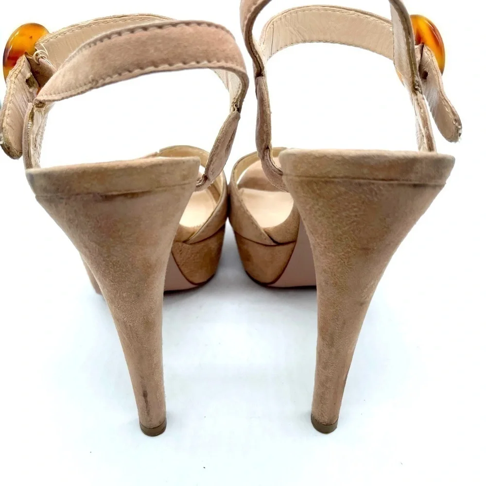Prada Beige/ Tan Suede leather platform strappy ankle strap sandals heels 37
